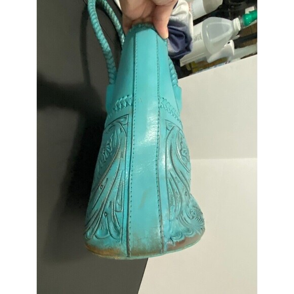 Alexandro Yeo Mexican Leather Tooled Embossed Turquoise Tote Braided Handle - Picture 11 of 16